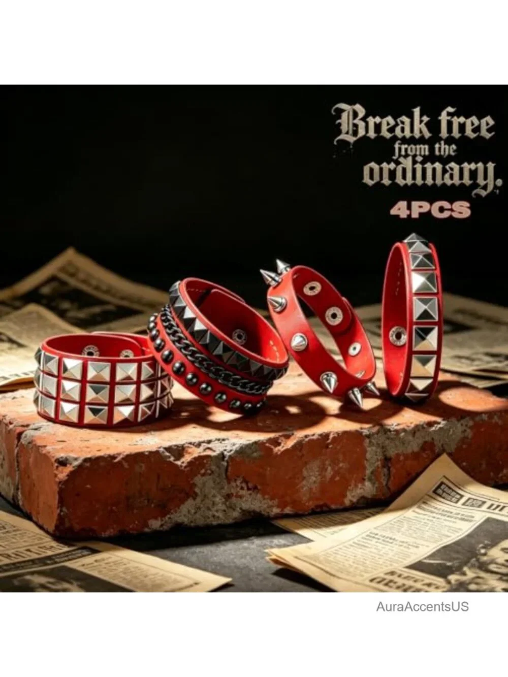 4PC Faux Leather Wrap Bracelets Punk Studded Wrist Cuff Unisex